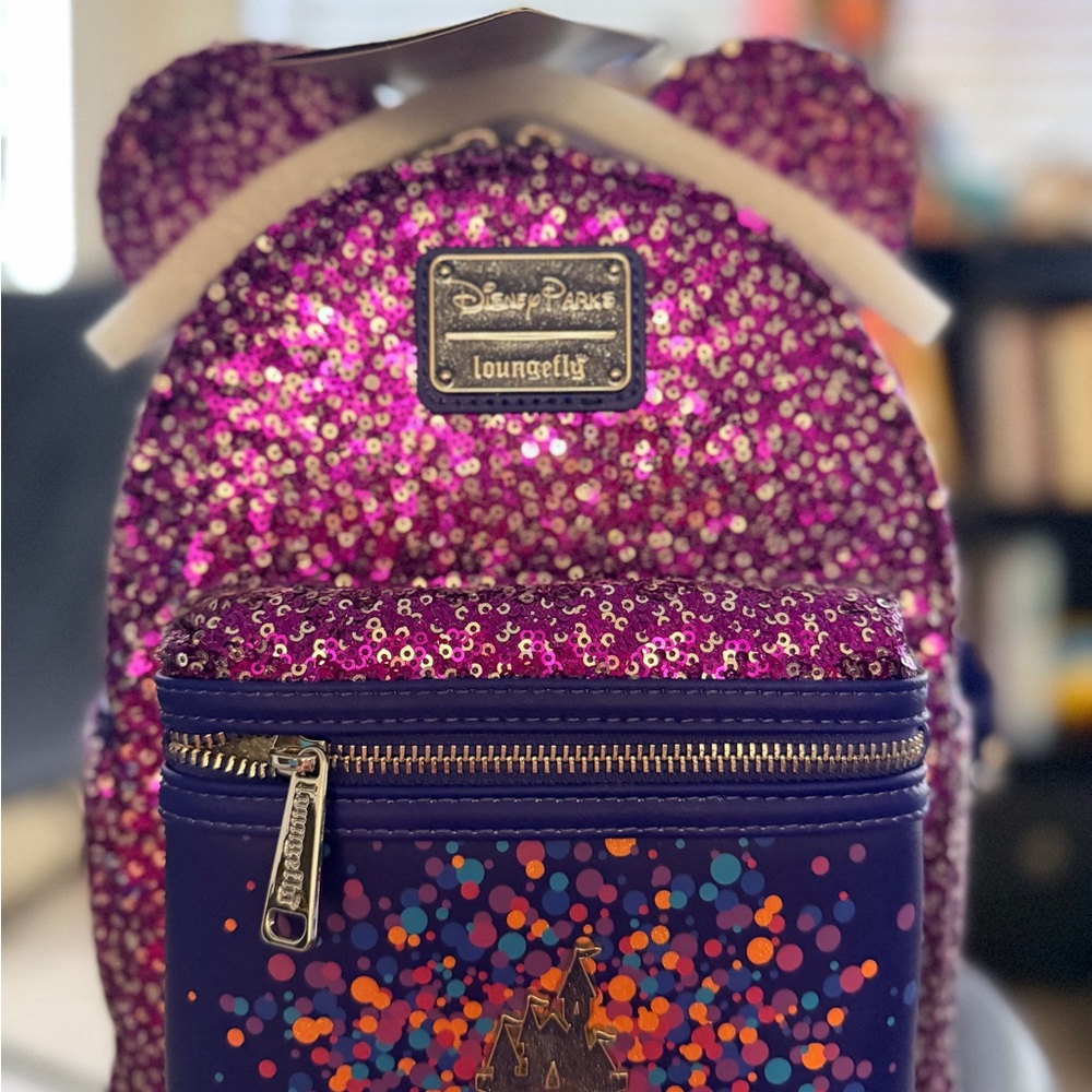 Loungefly Disney Fantasyland Castle Sequin Purple & Silver Mini Backpack and Ear